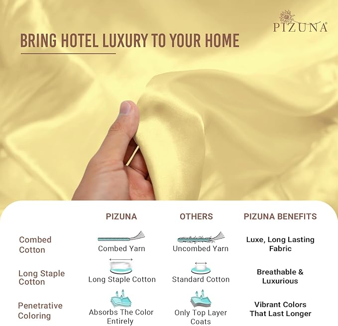 Pizuna Pure 100% Cotton Sheets Full Size, Luxurious 400 Thread Count Long Staple Cotton Sateen Sheets Full with 15inch Deep Pocket (Combed Mellow Yellow Cotton Sheet Set)