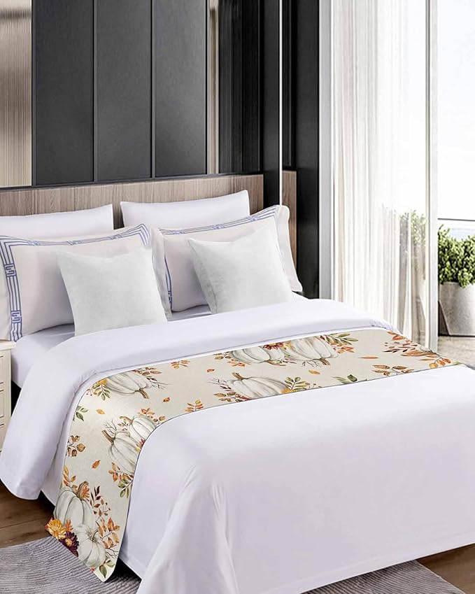 Thanksgiving Pumpkin Fall Maple Leaf Watercolor Bed Runners for Bedroom Hotel,Decorative Bedding Scarf Retro Linen Bed End Blanket Bedding Runner Scarves for Full Size Beds,83x20in