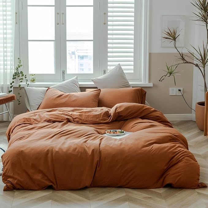 LifeTB Jersey Knit Duvet Cover Terracotta Burnt Orange Duvet Cover Set King Comfy 100% T-Shirt Cotton Caramel Bedding Set Pumpkin Rust Color Comforter Cover Boho Farmhouse Terracotta Duvet Cover King