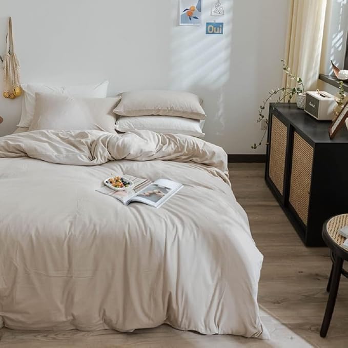 Boho Beige Duvet Cover Jersey Knit Cotton Bedding Duvet Cover Set Twin Solid Color 3 Pieces Bedding Set Apricot Khaki Comforter Cover Breathable Soft Farmhouse Bedding Set with Zipper Closure Twin