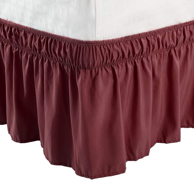 Bed Skirt - Wrap Around Bed Skirts Elastic Dust Ruffles, Easy Fit Wrinkle and Fade Resistant Luxurious Fabric Solid Color, Burgundy Queen Size Beds 15 Inch Drop