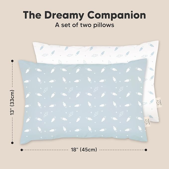 KeaBabies 2-Pack Toddler Pillows 2 Year Old to 5-13x18 Soft Organic Cotton Kids Pillow for Sleeping, Travel, School, Daycare, Nap, Toddler Bed, Machine Washable, Without Pillowcase (Spacecrafts)