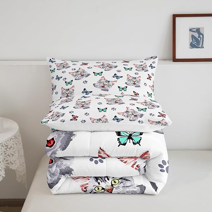 Feelyou Kids Cute Cat Comforter Set Colorful Butterfly Cute Kitten Bedding Set for Boys Girls Cartoon Pet Cats Comforter Kawaii Animal Quilt Room Decor Duvet Set Twin Size Boys