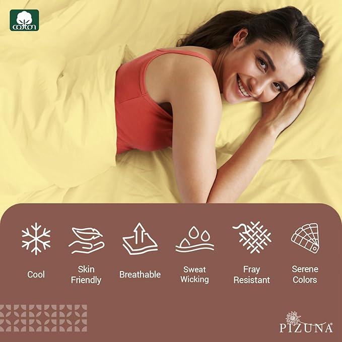 Pizuna Pure 100% Cotton Bed Sheets Set King Size Mellow Yellow, Luxurious 400 Thread Count Long Staple Cotton Sateen King Sheets with 15" Deep 2 Extra Pillowcase (Combed Cotton Bed Sheet Set)
