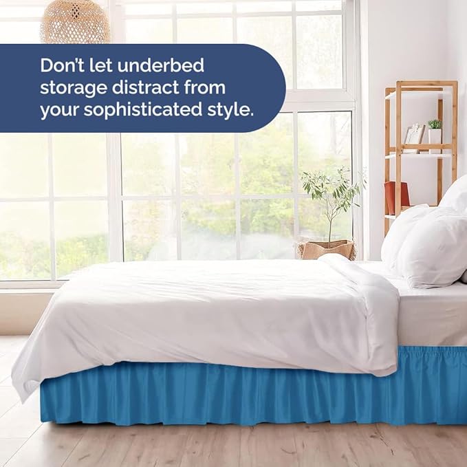 Wrap Around Dust Ruffle Bed Skirt - Denim Blue - Twin/Twin XL Size Beds with 24 Inch Drop - Elastic Strap - Adjustable Pleated Bedskirt with Brushed Fabric and Wrinkle Free - Women, Men, Kids & Teens