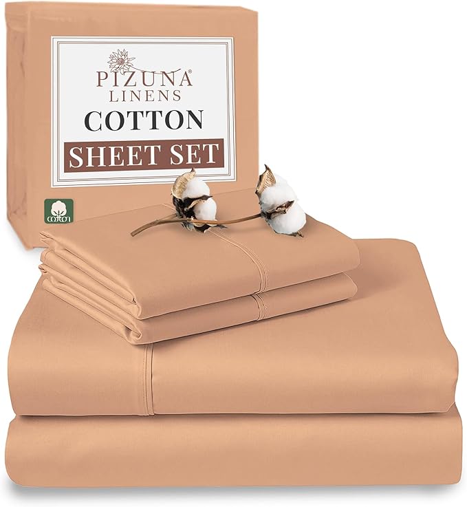 Pizuna Pure 100% Cotton Sheets Queen Size, Luxurious 400 Thread Count Long Staple Cotton Sateen Sheets Queen with 15" Deep Pocket (Combed Peach Sheet Queen)