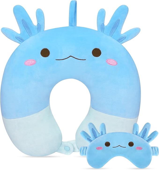 Kids Neck Pillows for Travel, Travel Pillow with Eye Mask Cartoon Axolotl U Shaped Neck Pillow for Sleeping Travel, Head Support Neck Pillow for Kids Teens Airplane Roadtrip Car