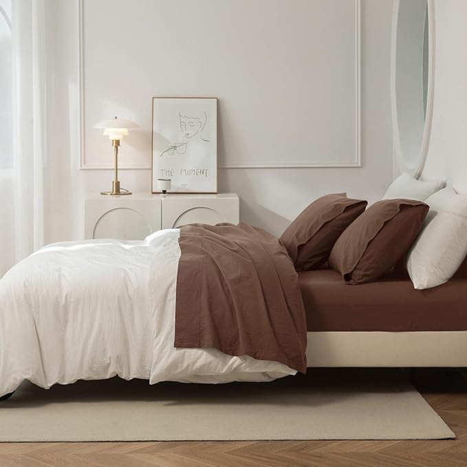 JIYUAN 100% Washed Cotton Sheet Set 4 Pieces Full,1 Fitted Sheet,1 Flat Sheet and 2 Pillowcases,Comfy and Breathable Linen Like Bedding Set,Chocolate Brown