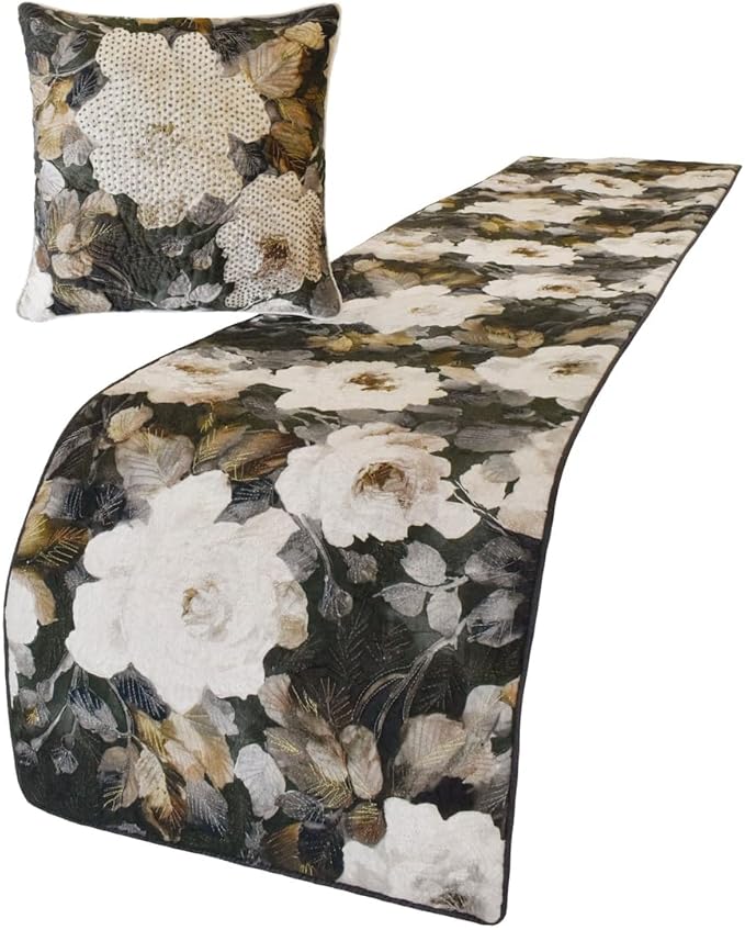 The HomeCentric King/Queen/Twin Gray & Brown Designer Full 68"x18" Bed Runner with Pillow Cover, Rose, Floral & Bead Embroidery Bed Scarf on Cotton Fabric - Rada