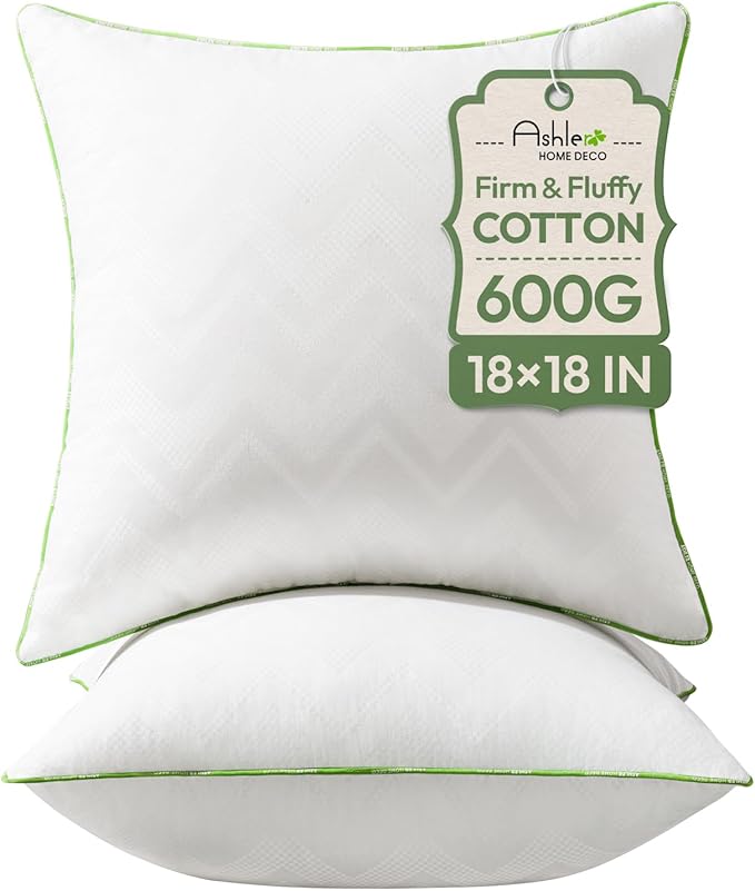 Ashler Home Deco 18x18 Pillows Insert (Set of 2) - Throw Pillow Inserts with 100% Cotton Cover - 18 Inch Square Interior Sofa Stuffer Pillow Inserts -Decorative White Couch Pillow