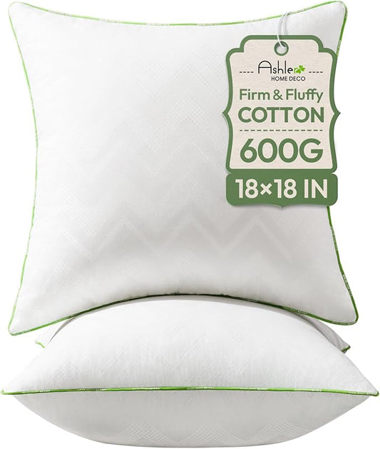 Ashler Home Deco 18x18 Pillows Insert (Set of 2) - Throw Pillow Inserts with 100% Cotton Cover - 18 Inch Square Interior Sofa Stuffer Pillow Inserts -Decorative White Couch Pillow