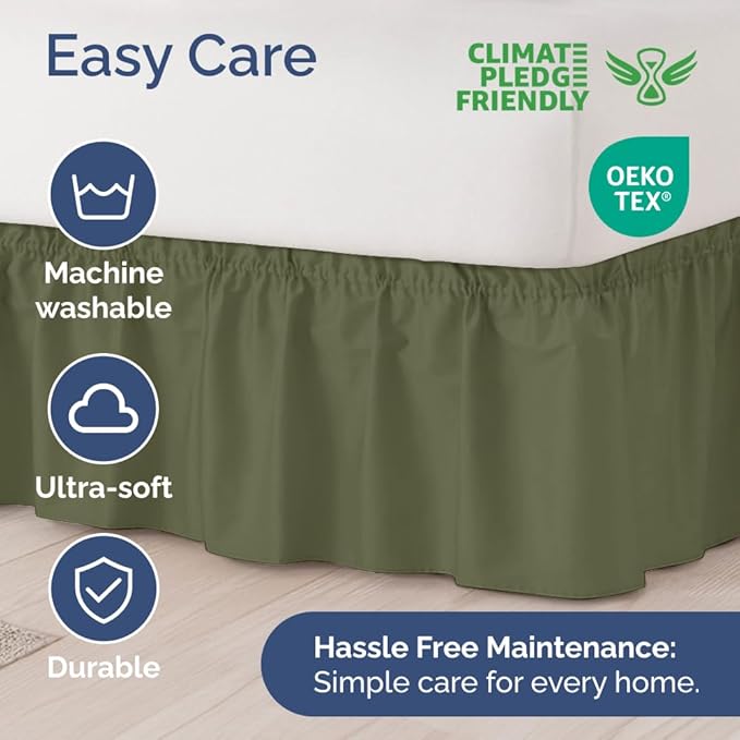 Wrap Around Dust Ruffle Bed Skirt - Sage Green - for King Size Beds with 18 Inch Drop - Elastic Strap - Adjustable Pleated Bedskirt with Brushed Fabric and Wrinkle Free - for Women, Men, Kids & Teens
