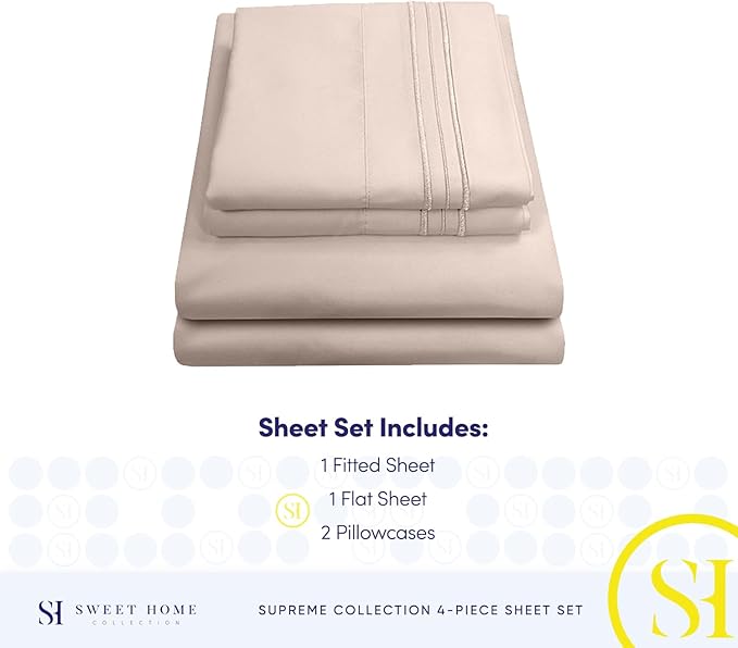 RV Queen Bed Sheets - Breathable Luxury Sheets with Full Elastic & Secure Corner Straps Built In - 1800 Supreme Collection Extra Soft Deep Pocket Bedding Set, Sheet Set, RV Short Queen, Beige