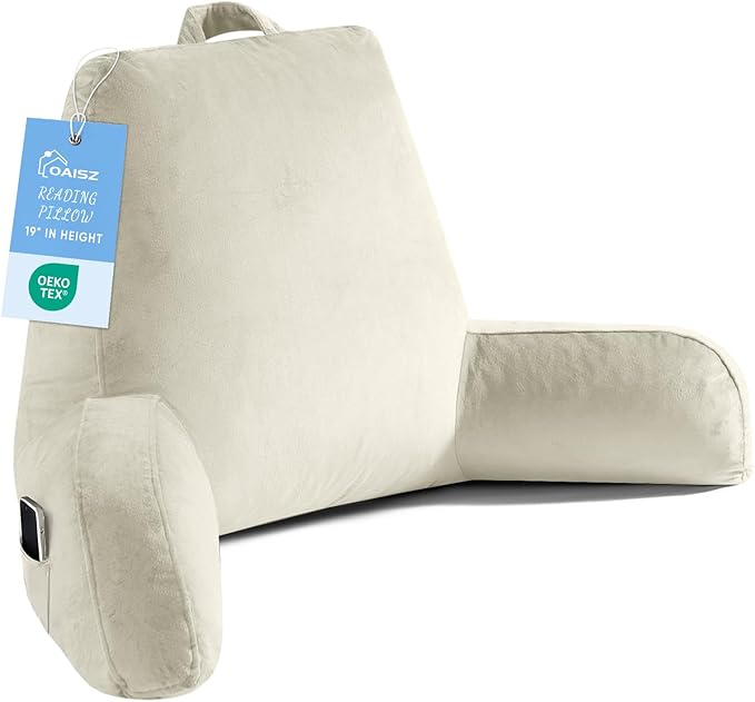 Reading Pillow for Sitting in Bed Adult, Reading Pillow with Shredded Memory Foam, Bed Pillow with Washable Cover, Back Pillow Sitting Up with Extend Arms, Beige, X-Large