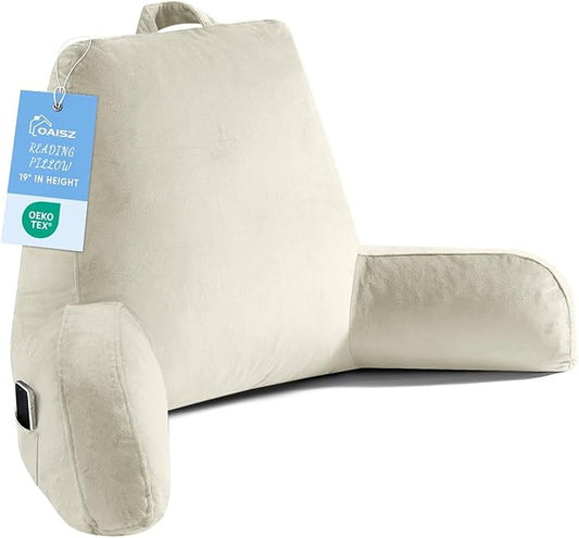 Reading Pillow for Sitting in Bed Adult, Reading Pillow with Shredded Memory Foam, Bed Pillow with Washable Cover, Back Pillow Sitting Up with Extend Arms, Beige, X-Large