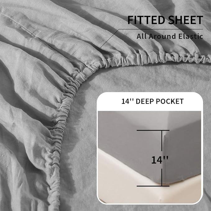 Simple&Opulence Belgian Linen Sheet Set Solid Color - 4 Pieces (1 Flat Sheet, 1 Fitted Sheet & 2 Pillowcases) Natural Flax Cotton Blend Soft Breathable Farmhouse Bedding - King Size, Grey