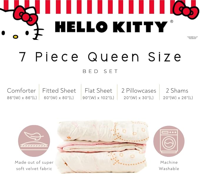Lux Hello Kitty Velvet Bedding 7 Piece Super Soft Cozy Reversible Comforter and Sheet Set with Sham & Tote Bag, Queen, (Officially Licensed Product) by Franco