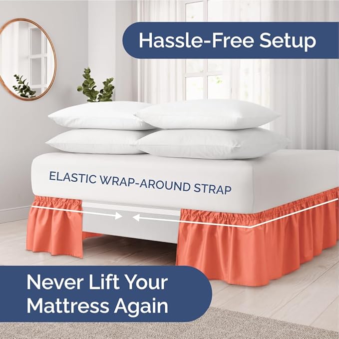 Wrap Around Dust Ruffle Bed Skirt - Coral - for King Size Beds with 15 Inch Drop - Easy Fit Elastic Strap - Adjustable Pleated Bedskirt w/Brushed Fabric - Wrinkle Free - for Women, Men, Kids & Teens