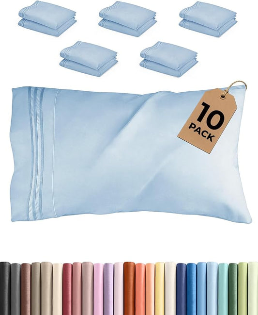 Queen Pillow Cases Set of 10 - Ultra Soft Hotel Quality Pillowcase Covers - Comfy, Cozy & Wrinkle Free - Shrink, Stain & Fade Resistant - Machine Washable Pillow Protectors - 10 Piece Set - Light Blue