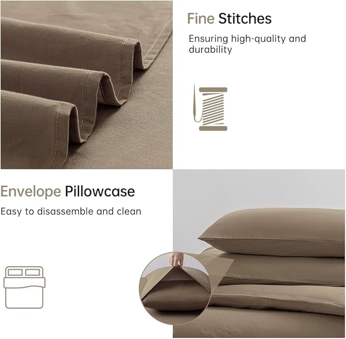 JELLYMONI Khaki 100% Washed Cotton Duvet Cover Set, 3 Pieces Ultra Soft Bedding Set with Zipper Closure. Solid Color Pattern Duvet Cover King Size(No Comforter)
