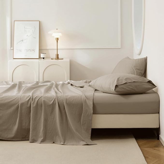 JIYUAN 100% Washed Cotton Sheet Set 4 Pieces Cal King,1 Fitted Sheet,1 Flat Sheet and 2 Pillowcases,Comfy and Breathable Linen Like Bedding Set,Khaki