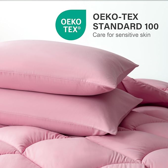 Decroom Lightweight King Comforter Set with 2 Pillow Sham - 3 Pieces Set - Quilted Down Alternative Comforter/Duvet Insert for All Season - Pink - King Size