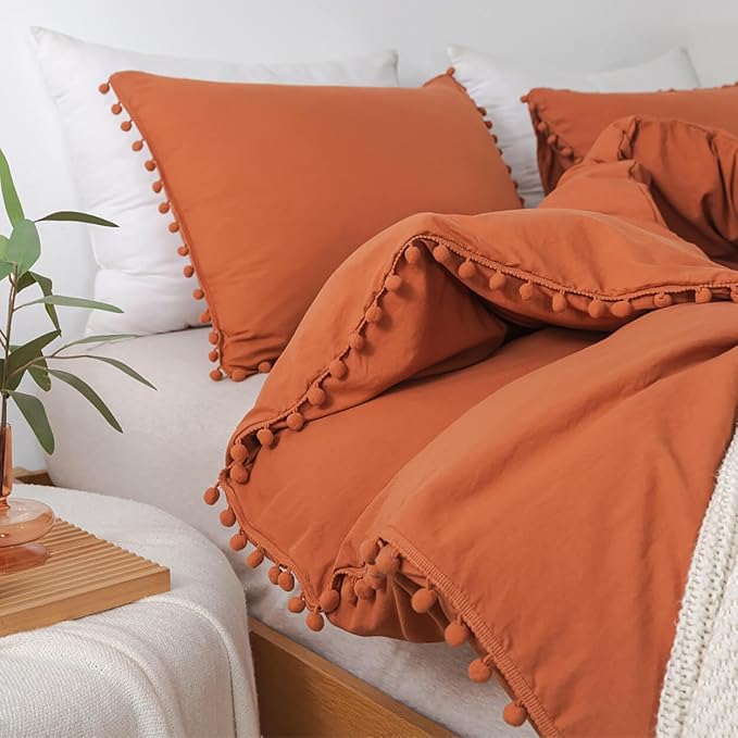 TanNicoor Pom Fringe Duvet Cover Set - 3 Piece Natural Ultra SOFE Color Washed Microfiber Bedding Set, Modern Style Down Comforter Quilt Cover with Zipper Closure(Twin, Terracotta)