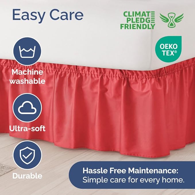 Wrap Around Dust Ruffle Bed Skirt - Red - Twin/Twin XL Size Beds with 12 Inch Drop - Easy Fit Elastic Strap - Adjustable Pleated Bedskirt w/Brushed Fabric - Wrinkle Free - Women, Men, Kids & Teens