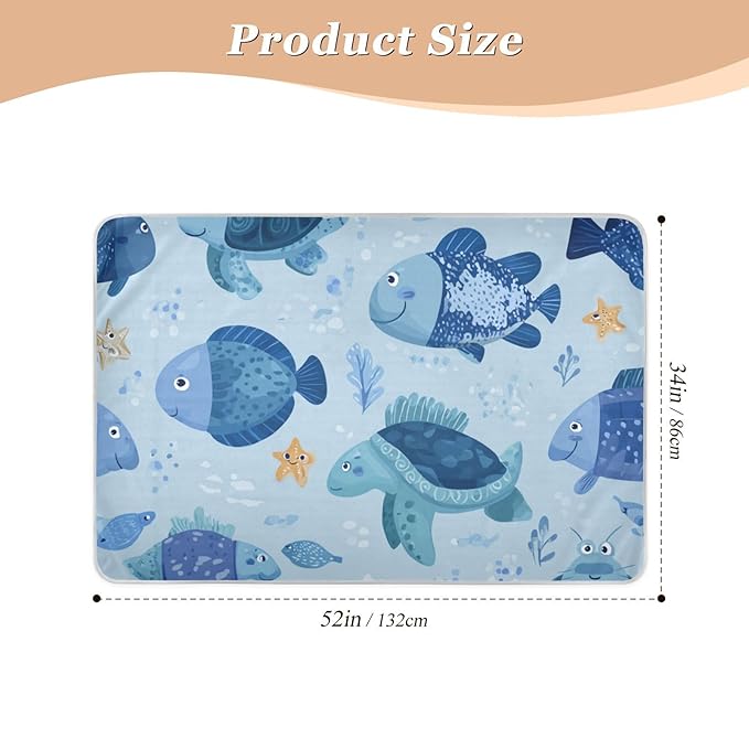 Waterproof Bed Pad Reusable Changing Pad Toddler Mattress Protector Large Pee Pad Baby Diaper Pad Soft Washable Liner Blue Turtle Fish Crabs