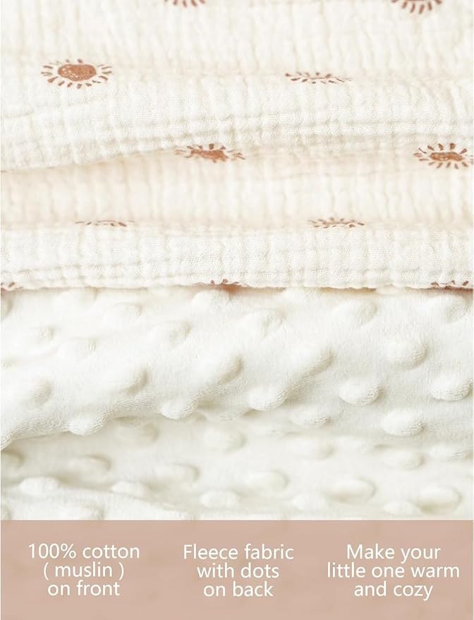 Konssy Baby Blankets for Unisex Boys Girls, Super Soft Nursery Minky Blankets with Muslin Cotton Front and Dotted Fleece Backing, Printed Bed Throws Newborn