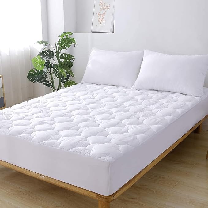 WhatsBedding Waterproof Mattress Pad Twin Size Cotton Top Down Alternative Filling Pillowtop Mattress Topper Cover-Fitted Quilted Pure White(Twin Mattress Pad)