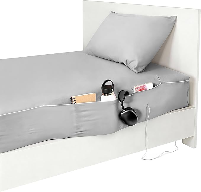 NEST and NOOKS Twin XL Fitted Sheet with Full-Length Storage Pocket | 400 Thread Count | College Dorm Bedding with Side Organizer Panel & Matching Pillowcase | Fits 39" x 80"x13" Mattress | Light Gray
