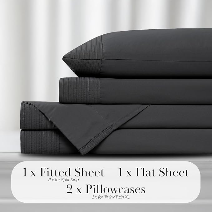 SouthShore Fine Living Vilano Pleats, 4-Piece, 21-Inch Extra Deep Pocket Sheet Set, Full Sheets Set with Flat Sheets and Pillowcase, Easy Care and Shrinkage-Free Deep Pocket Sheets, Sheet Set, Black