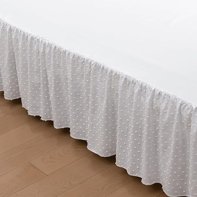 Tufted Dot Bed Skirt King Size Ruffled Bed Skirt with Split Corners, 14 Inch Drop Dust Ruffle Bed Skirts with Platform, White