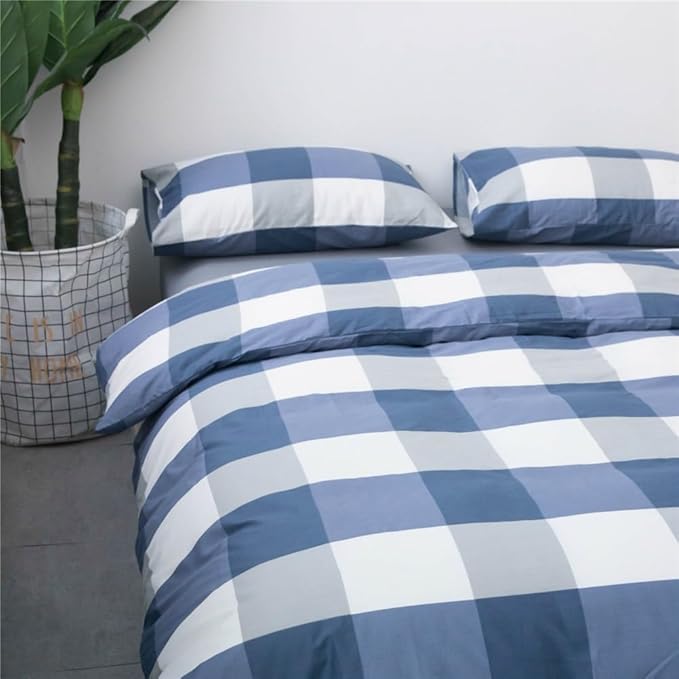 LifeTB Blue White Plaid Duvet Cover Twin XL Modern Soft Cotton Plaid Comforter Cover Simple Style Plaid Grid Duvet Cover with 2 Pillowcases Boho Checkered Bedding Comforter Cover with Zipper Closure