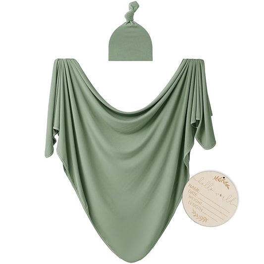 Large Jersey Knitted Swaddle Blanket for Baby, Soft Stretchy Receiving Blanket for Newborns with Hat, Baby Nursery Swaddle 47 x 47 inches(Sage)