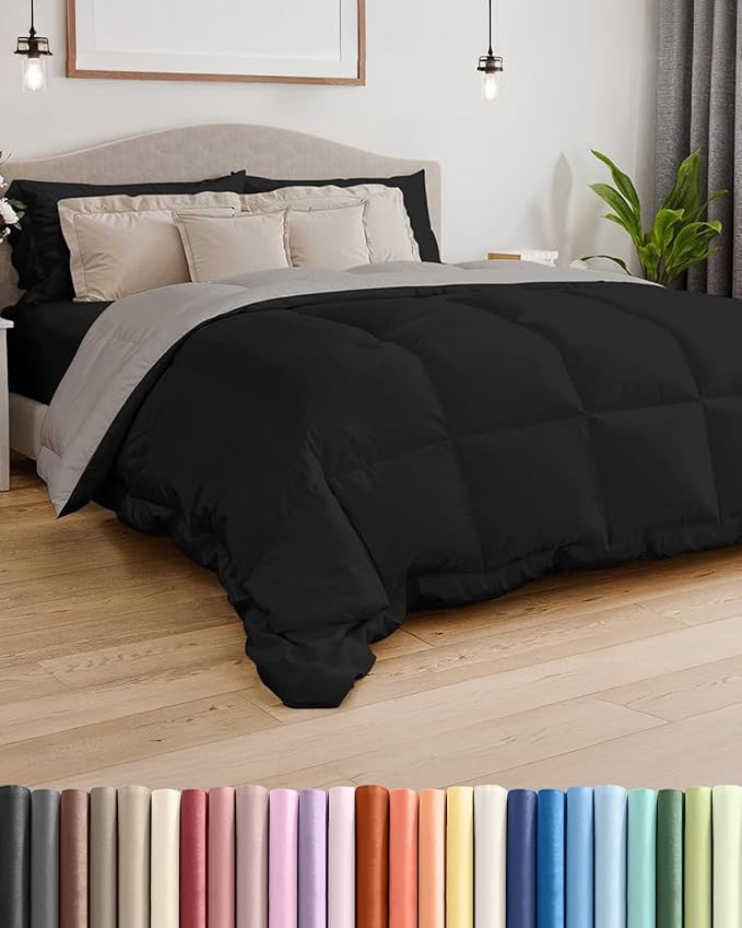 Twin Size, Black & Light Grey Alternative Down Comforter - Warm, Lightweight & Breathable Hotel Quality Bedding Set for Men, Women, Kids & Teens - All Season Cooling Microfiber Duvet Insert Comforter