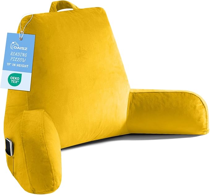 Reading Pillow for Sitting in Bed Adult, X-Large Reading Pillow with Shredded Memory Foam, Back Pillow for Sitting Up with Extend Arms, Pockets, Bed Pillow with Washable Cover, Yellow