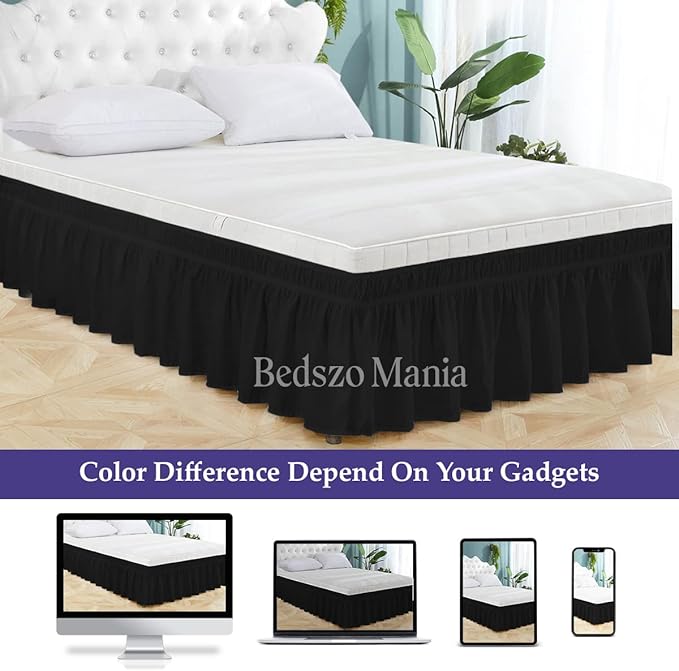 Wrap Around Bed Skirt 11" Inch Drop 100% MicrofibreFabric 1-Piece Bed Skirt Easy Fit Easy Care Fade & Wrinkle Resistant - Full Size (54"X75"), Black Color