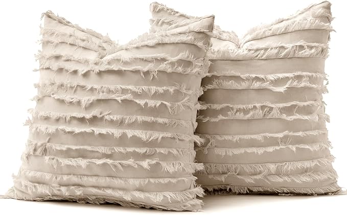 MIULEE Decorative Boho Throw Pillow Covers Set of 2 Spring Neutral Beige Linen Striped Jacquard Pattern Modern Cushion Covers for Sofa Couch Living Room Bedroom 20x20 Inch Home Decor