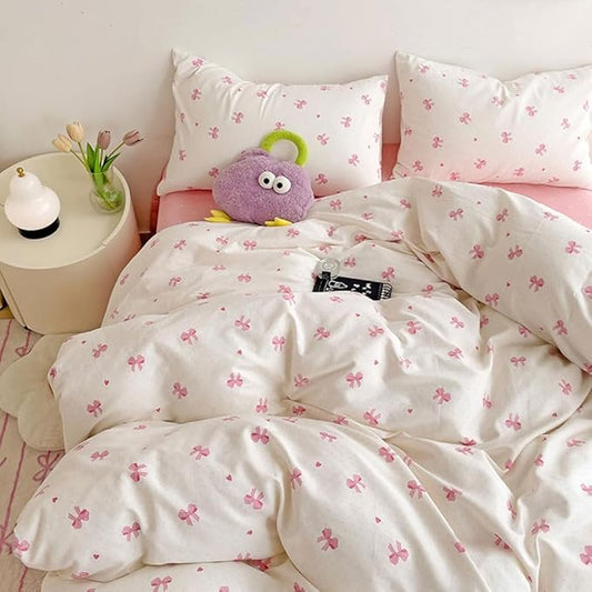 Nayoroom Pink Bow Duvet Cover Twin Size Heart Bows Printed Coquette Bedding Set 2 Pcs Kids Girls Cute Comforter Cover with Zipper Closure Soft Breathable Microfiber