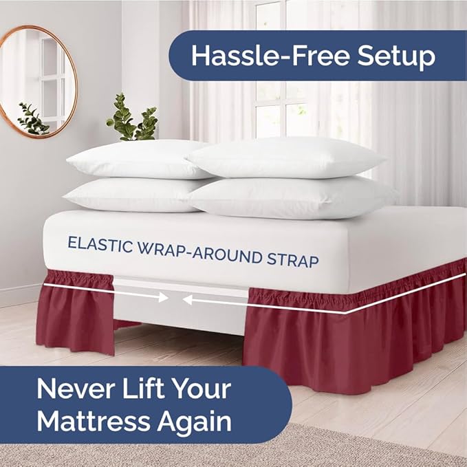 Wrap Around Dust Ruffle Bed Skirt - Burgundy - for Queen Size Beds with 24 Inch Drop - Elastic Strap - Adjustable Pleated Bedskirt with Brushed Fabric and Wrinkle Free - for Women, Men, Kids & Teens
