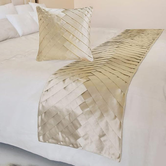 The HomeCentric King/Queen/Twin Ivory Designer Twin 53"x18" Bed Runner with Pillow Cover, Pintucks, Textured & Satin Bed Scarf on Satin Fabric - Glazed Satin