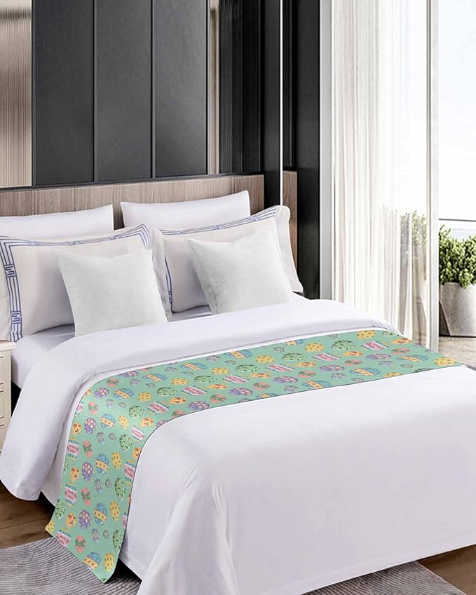 Happy Easter Eggs Bed Runners for Bedroom Hotel,Decorative Bedding Scarf Seamless Colorful Egg on Green Bed End Blanket Bedding Runner Scarves for Full Size Beds,83x20in
