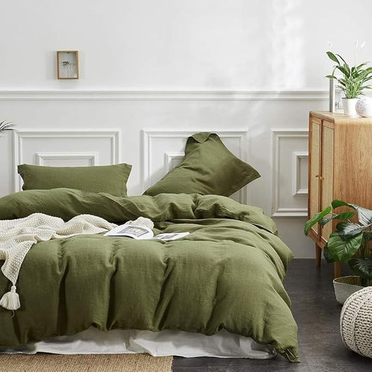 Simple&Opulence 100% Linen Duvet Cover Set, 3 PCS Natural French Flax Olive Green Duvet Cover Full Size, Breathable Soft Comfy Linen Bedding Comforter Cover with 2 Pillowcases(Olive Green, 78"x86")