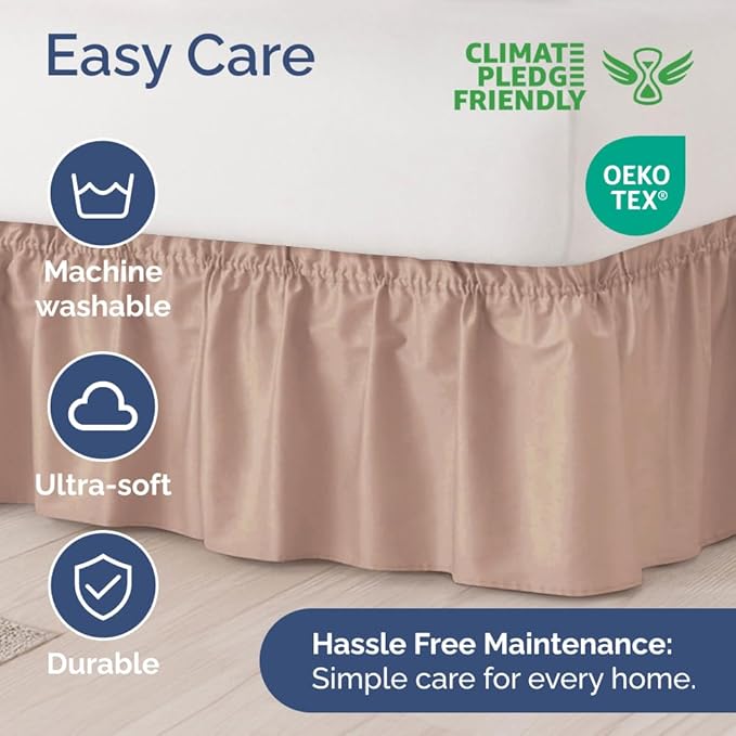 Wrap Around Dust Ruffle Bed Skirt - Mauve - for Queen Size Beds w/ 15 Inch Drop - Easy Fit Elastic Strap - Adjustable Pleated Bedskirt w/Brushed Fabric - Wrinkle Free - for Women, Men, Kids & Teens