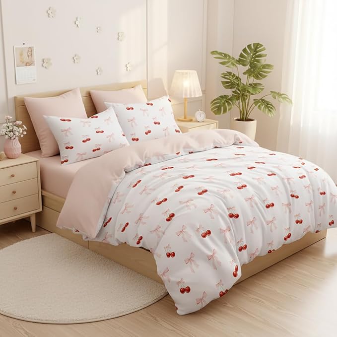 Nayoroom Pink Bow Duvet Cover Queen Size Reversible Red Cherry Duvet Cover 3 Pieces Soft Lightweight Microfiber Kids Girls Cute Aesthetic Dorm Bedding Set