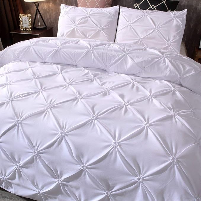 Feelyou Pintuck Tufted Duvet Cover Set Full Bedding Pinch Pleated Comforter Cover with 1 Pillow Shams White Microfiber Polyester Soft Solid Geometric Bedding Sets 3 Pieces