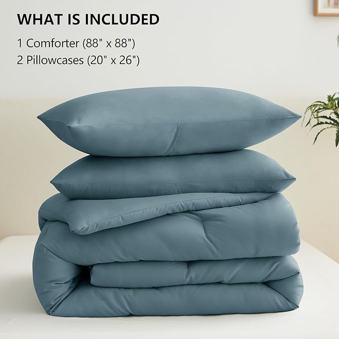 CozyLux Queen Comforter Set Mineral Blue, 3 Pieces Solid Queen Comforter Breathable Quilted Bedding Sets, Luxury Soft Bed Set with Down Alternative Comforter All Season (1 Comforter & 2 Pillowcases)