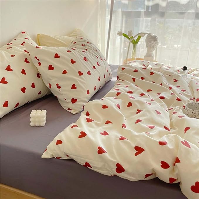 Nayoroom Heart Duvet Cover Twin Size Cute Red Love Heart Printed on White Bedding Set 2Pcs Kids Girls Kawaii Heart-Shaped Pattern Comforter Cover with Zipper Closure Soft Breathable Microfiber